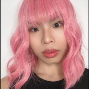 Curly Wig Wavy Bob Wigs With Air Bangs, Shoulder Length Synthetic Pink 14"